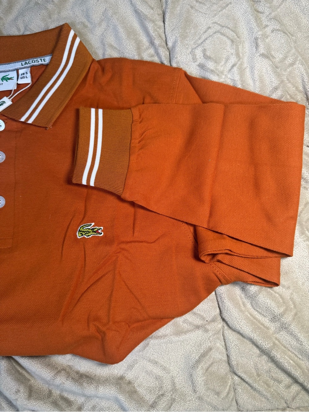 Lacoste Mens Rust Orange Long Sleeve Polo with Striped Collar - Picture 2 of 8